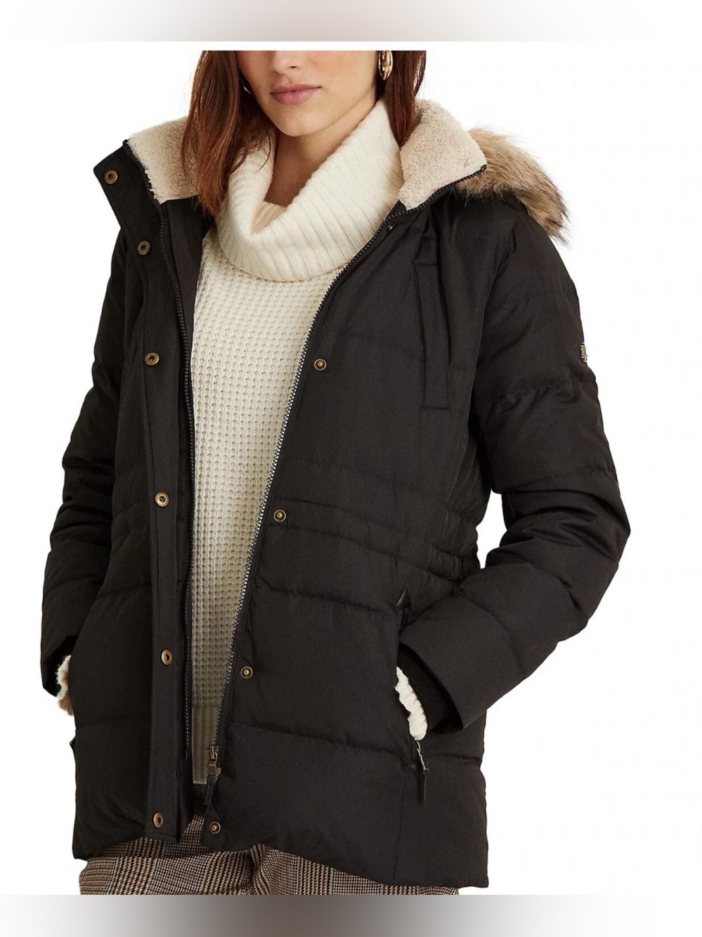 Ralph Lauren Black Quilted Puffer Jacket with Sherpa Collar